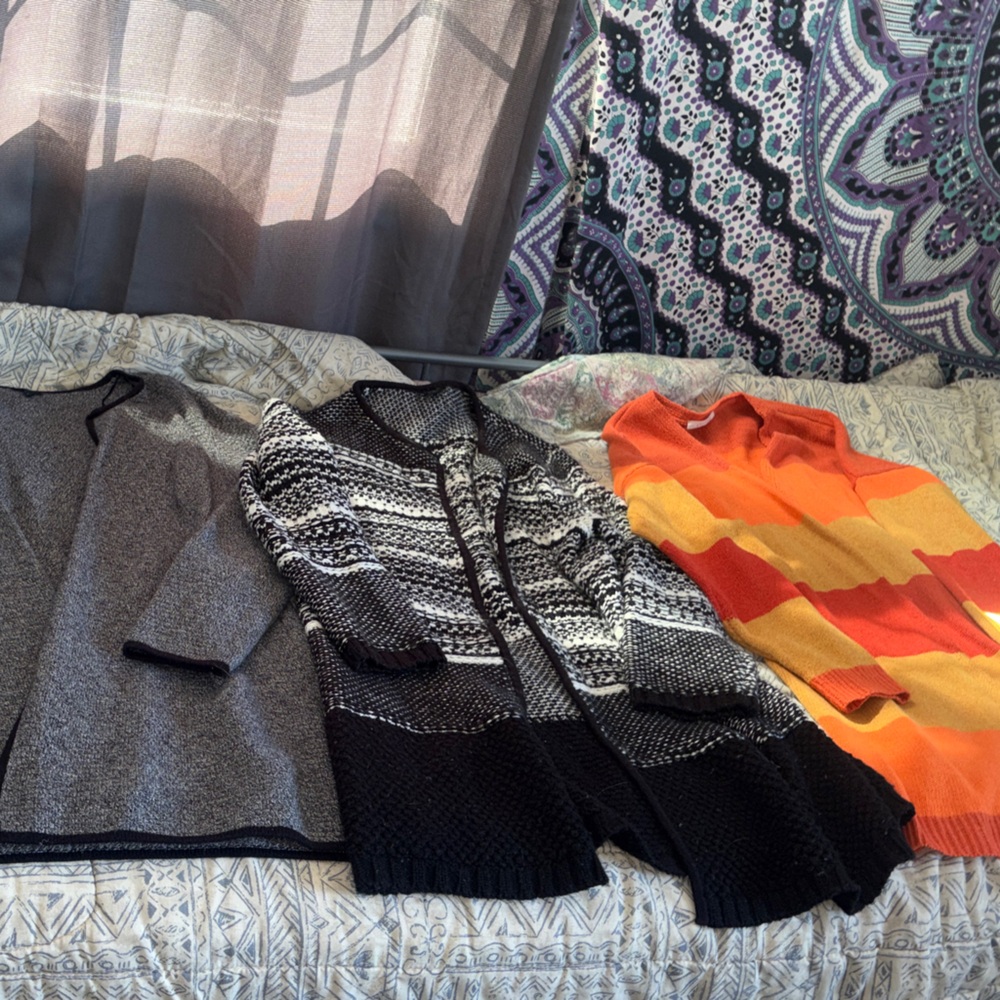 THREE Knit Cardigans and Sweater Set - Orange & Black & Gray